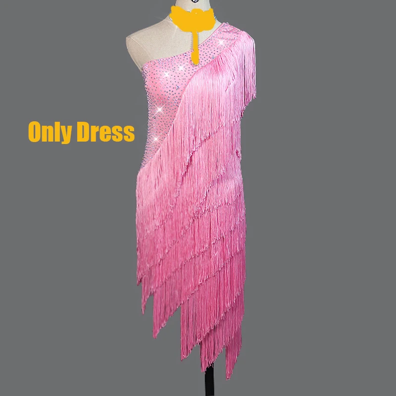 Only Dress Латинское платье для танцев флуоресцентный зеленый Ленточки осеннее платье Для женщин одежды для конкурса танцов Стразы платья платье с бахромой единого дизайна для Сальса Одежда для танцев Детские платья дл - Цвет: Only Dress