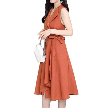 

Women Solid Color Sleeveless V Neck Irregular Bandage Slim Fits A-Line Midi Dress