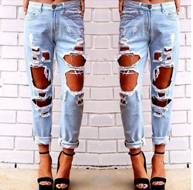 

Sexy Women Ladies Summer High Waist Jeans Destroyed Ripped Distressed Slim Cool Denim Pants Boyfriend Trousers Blue