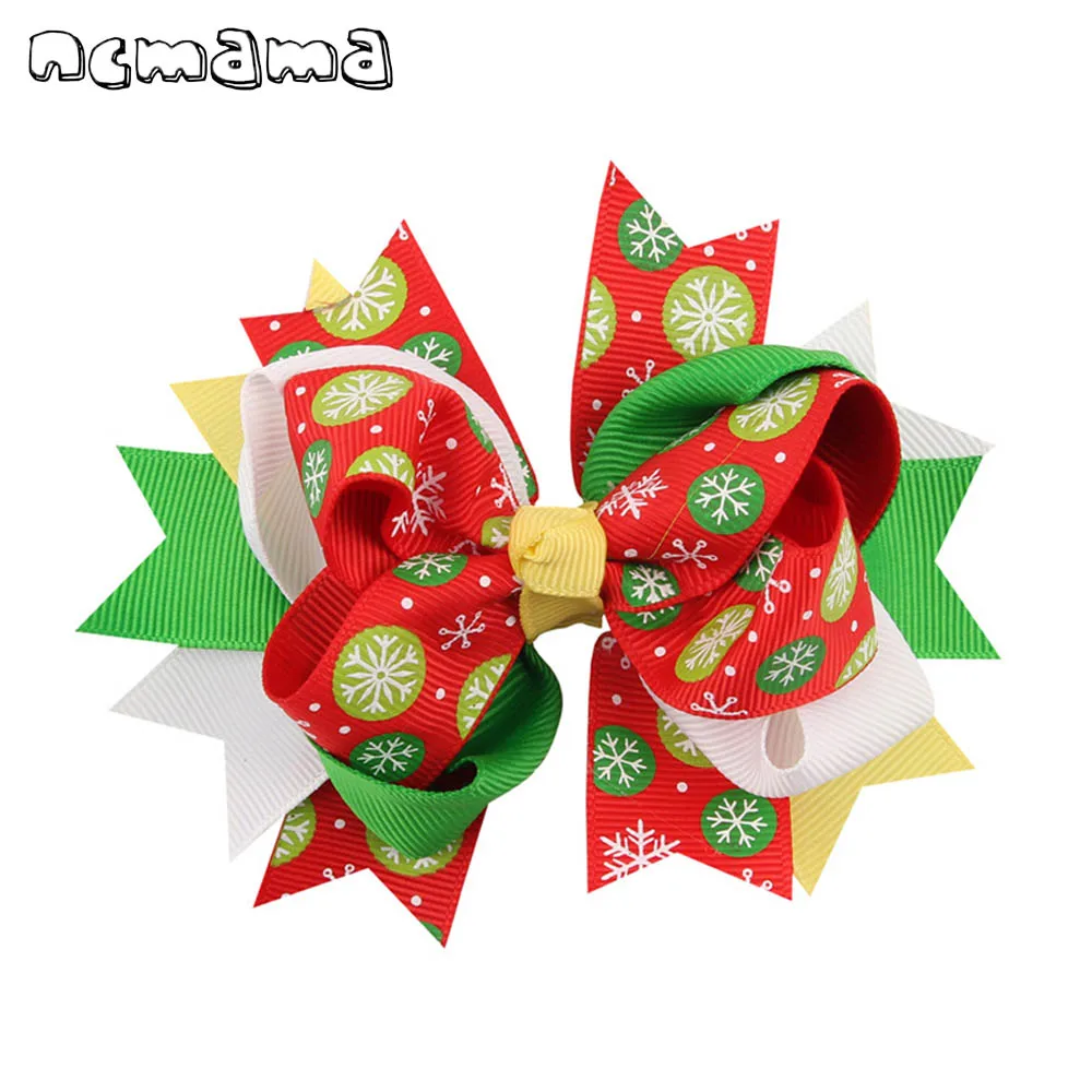 

Christmas 5'' Stracked Hair Bows for Girls Hair Clips Snowflake Printed Ribbons Bowknot Hairgrips Party New Year Kids Headwear