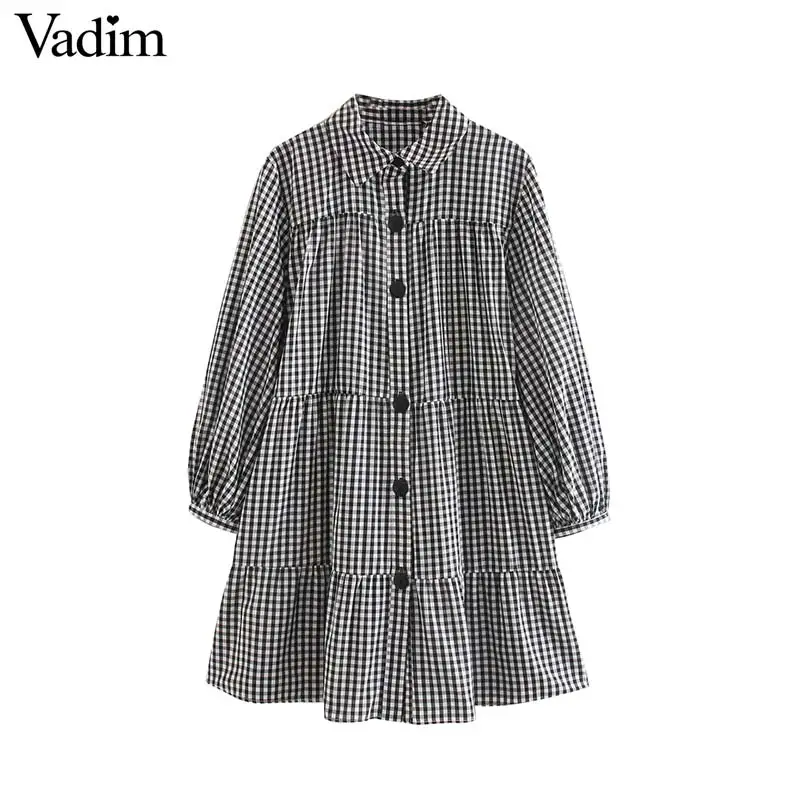 Женское клетчатое мини платье Vadim свободное прямое в стиле ретро с рукавами