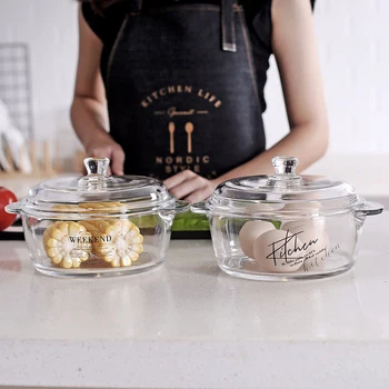 

Clear Glass Pan with Lid Round Gradient Double Ear Instant Noodle Bowl Crystal Glass Salad Mixing Bowl Household Food Containers