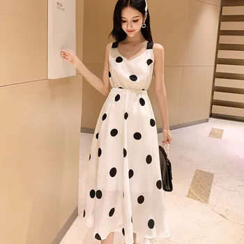 

Shoulder strap sexy backless bow women summer 2020 new French wave dot A word dress tide