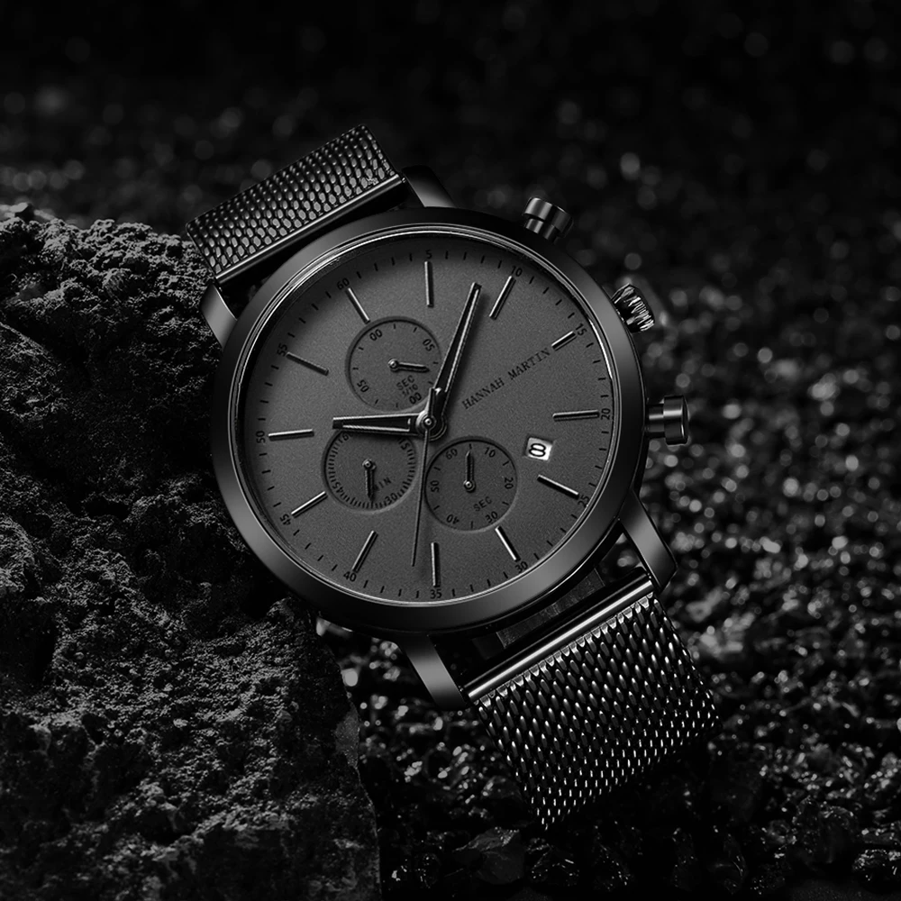 New Black Stainless Steel Mesh Wristwatch High Quality Multi-Function Calendar Men Top Brand-5