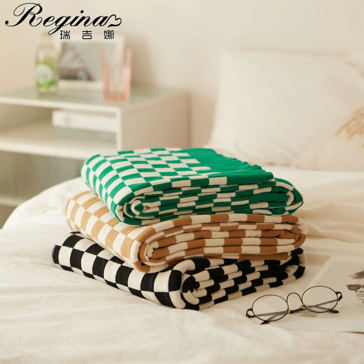 REGINA Brand Cotton Checkboard Plaid Blanket Bed Green Khaki