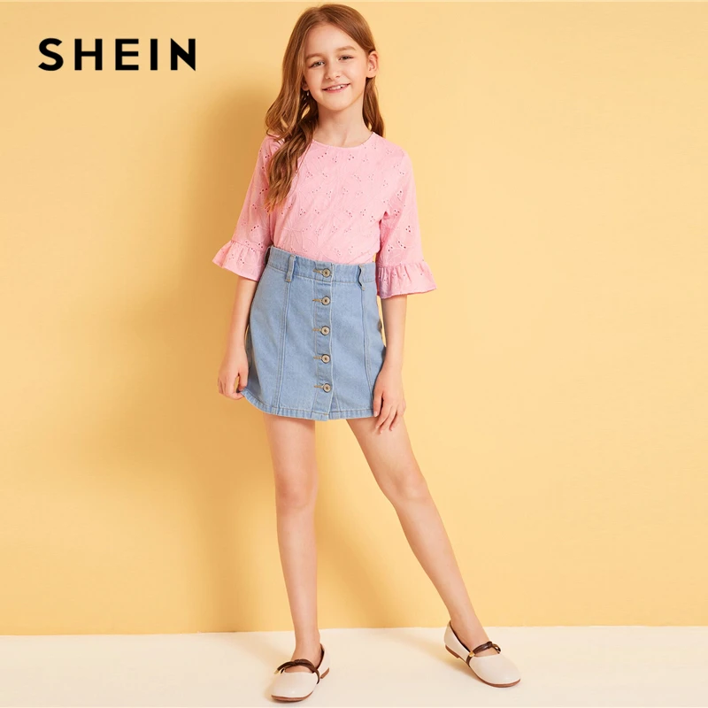 SHEIN Kiddie Ginger/однотонная кружевная блузка с рюшами и проймой для подростков г., летняя детская блузка с рукавами-бабочками на пуговицах, рубашка