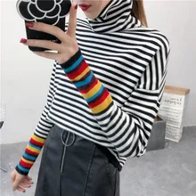 Новинка 8991, полосатая рубашка с радужным рукавом и высоким воротом, 40, лофт, 3 ряда, 3 полки