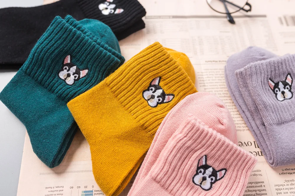 Socks for women cotton embroidery French bulldog sock ladies cartoon winter thick socks female casual kawaii sox dropshipping