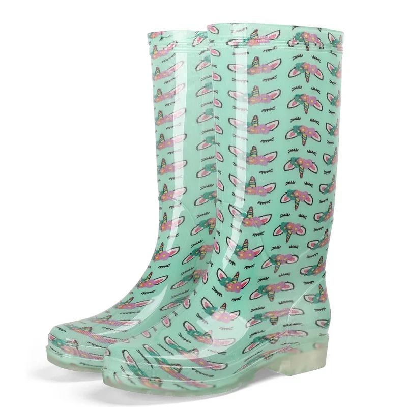 Flower Pvc Rain Boots Women High Waterproof Water Shoes Thick Heel Autumn New Female Casual Rainboots for Rain for Women