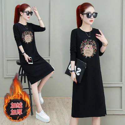 

Autumn Long-sleeved Dress Women's Casual Belly Covering Large Size Loose-Fit Mid-length over-the-Knee Base Long Sleeve Skirt