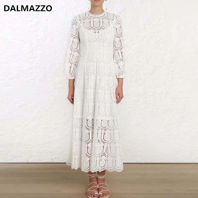 Женское кружевное платье макси длинное ажурное в стиле ретро с пышными рукавами
