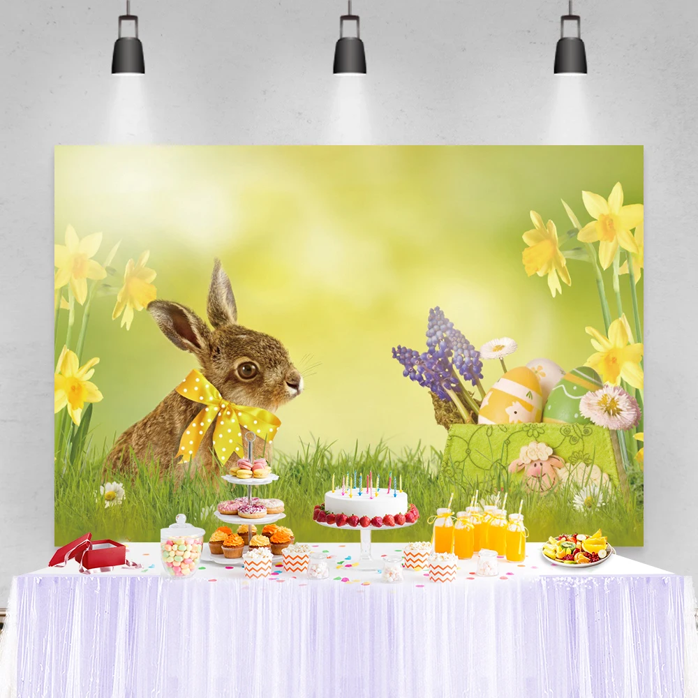 

Laeacco Spring Flower Green Grass Baby Party Rabbit Easter Eggs Photography Backdrop Photo Shoot Table Banner Studio Background