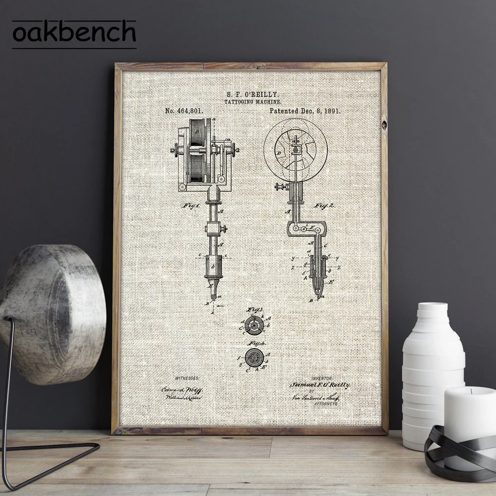 Tattoo Parlor Wall Art Canvas Painting First Tattoo Machine Patent Prints Vintage Blueprint Posters Wall Picture Home Decoration