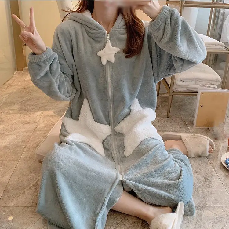 

Winter Hooded Night Robe Coral Fleece Cartoon Star Bathrobe Solid Over Size Flannel Nightgown Women Thickening Pajamas