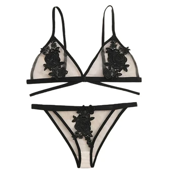 

Women Super thin no sponge transparent bra sexy bra set female perspective mesh embroidery underwear set//