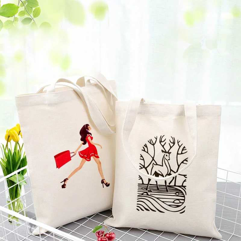 Иллюстрация девушка вместительная сумка для покупок сумка на заказ Печать текстовый логотип DIY ежедневное использование эко экологическая многоразовая утилизация Холщовая Сумка