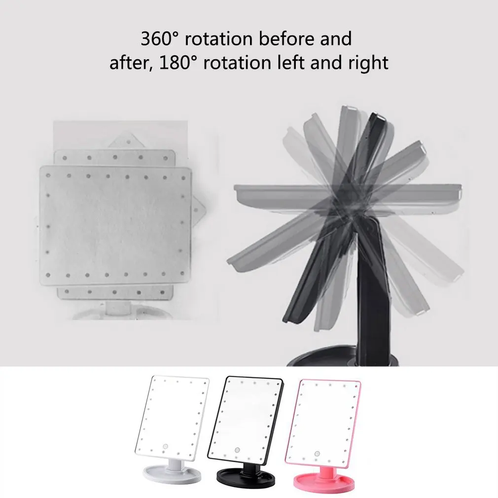 22 LEDs Mirror LED Makeup Vanity Square Mirror Double-Sided Lighted Mirrors for Bathroom Bedroom USB Type