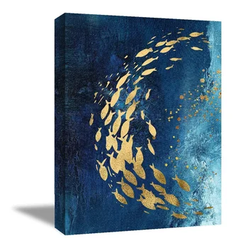 

Blue and Gold Fish Picture Wall Art on Canvas, 12x18 Inch Abstract Giclee Artwork Prints Wall Decor for Home, Hotel and Office