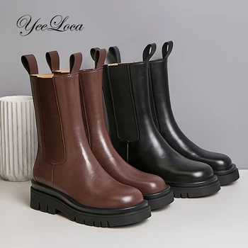 

Slip On Boots Women Ankle Chelsea Boots Soft Leather Thick High Heel Autumn Boots Genuine Leather Platform Heels Punk Boots