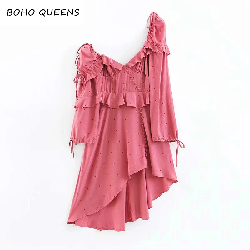 Boho chic женское сексуальное платье с открытыми плечами, с узором в горошек, с принтом пляжное платье в богемном стиле Женские V образным вырезом Нерегулярные миди платье vestidos