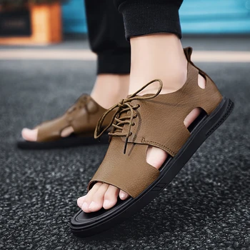 

Summer Men Sandals Casual Roman Slippers Non-slip Soft Bottom Outdoor Open Toe Beach Shoes Leather Mens Sandals Genuine Leather