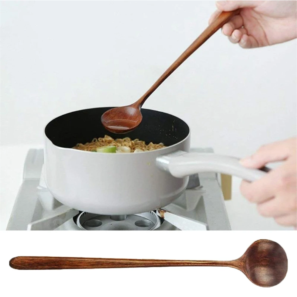1pc Long Spoons Wooden Korean Style 10.9 inches 100% Natural Wood Long Handle Round Spoons