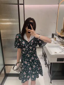

2020 Spring Fashion Runway Elegant Dress Women V-Neck Short Flare Sleeve Floral Printed A-Line Mini Empire Green Hot Sale Dress