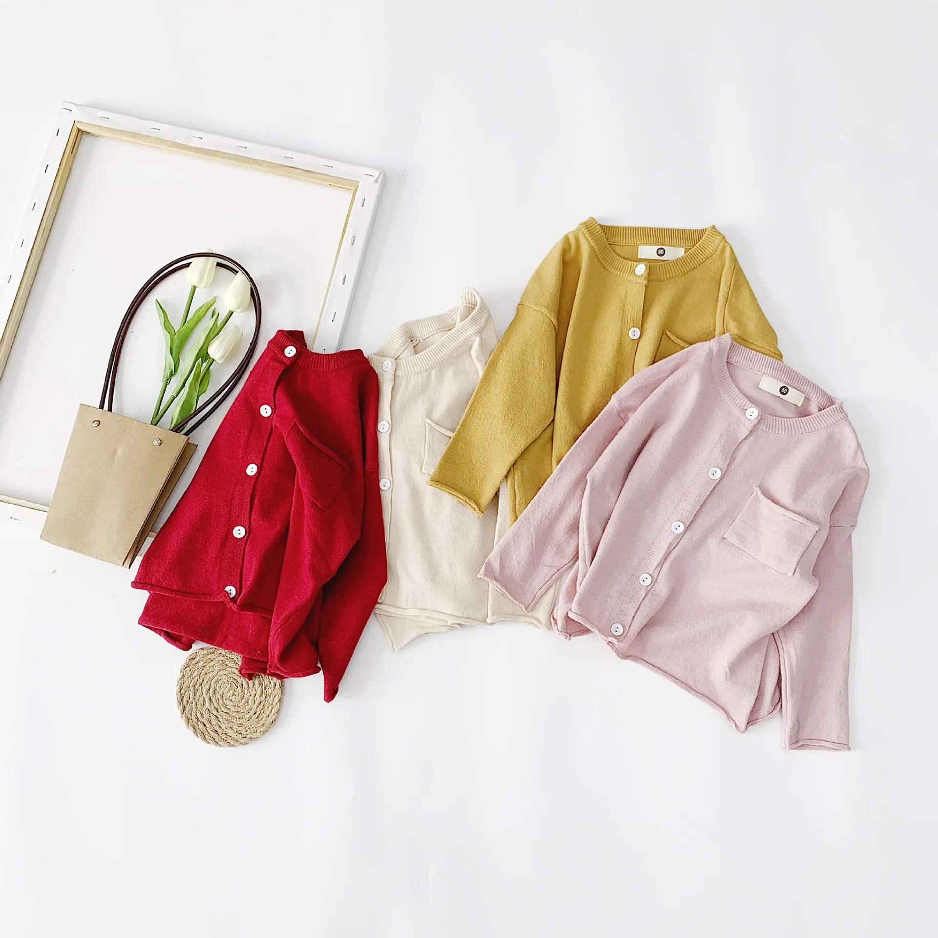 Simple Style Baby Knitted Sweater Korean Toddler Baby Boys Girls Solid Color Cardigan Sweaters Kids O- Neck Sweater with Pocket