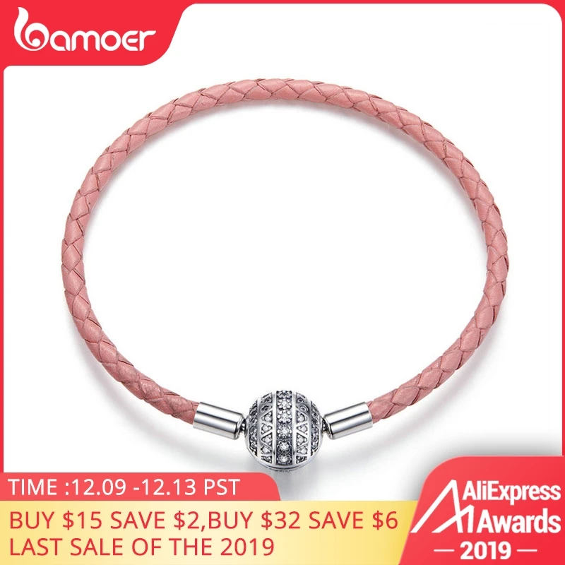 Price BAMOER Genuine 925 Sterling Silver Round Clasp Dazzling Clear CZ Leather Bracelets for Women Sterling Silver Jewelry SCB114