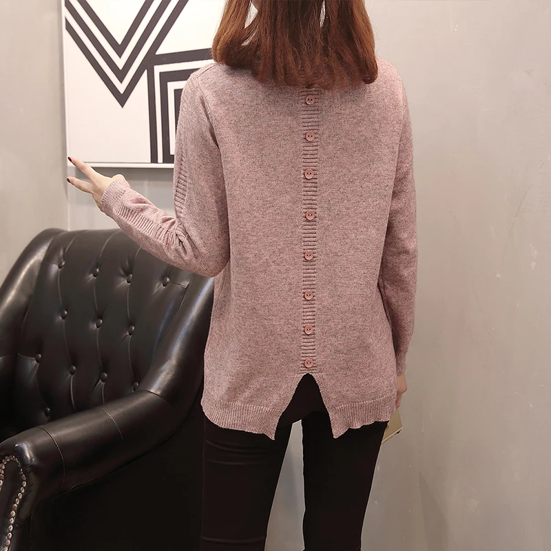XL-XXXL размера плюс женский трикотаж осень v-образный вырез длинный рукав сзади с однобортным разрезом Свободный Повседневный вязаный свитер