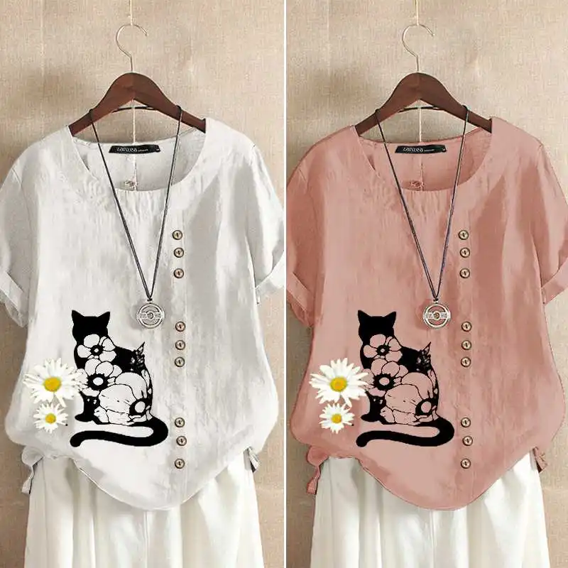 ZANZEA Women Summer Printed Shirt Elegant 2020 Short Sleeve Blouse Tunic Holiday Chemise Loose O Neck Tops Buttons Plus Size 5XL ZANZEA Women Summer Printed Shirt Elegant 2020 Short Sleeve Blouse Tunic Holiday Chemise Loose O Neck Tops Buttons Plus Size 5XL