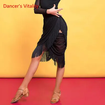 Новая одежда для занятий латинскими танцами, детский осенне-зимний костюм для выступлений, модная юбка с кисточками для девочек - Цвет: Черный