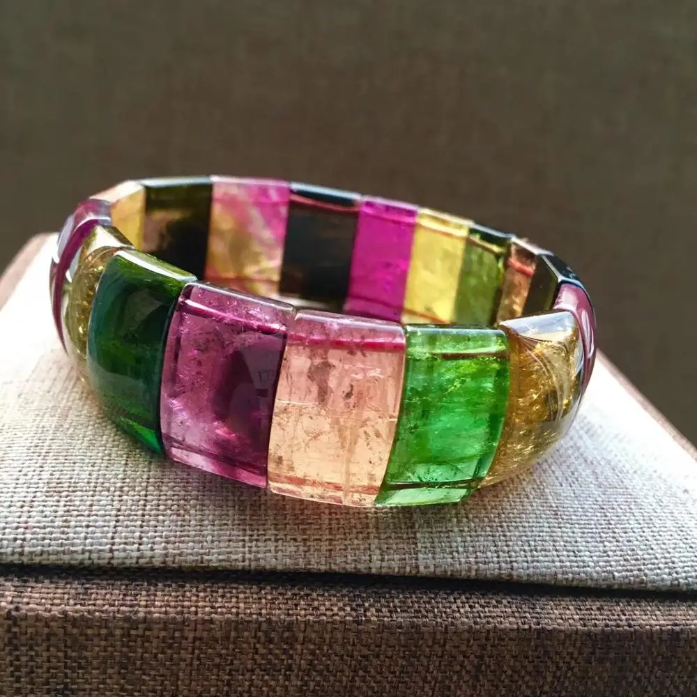 

Natural Colorful Tourmaline Clear Rectangle Beads Bangle Bracelet Women Men Gift Stretch 19x11mm Stone Crystal Stretch AAAAA