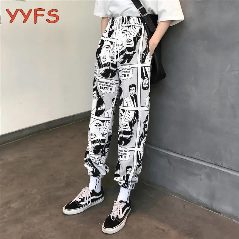 Cartoon Print Pants Women Drawstring Elastic Waist Hip Hop Long Pants Famale Harajuku High Waist Casual Jogging Trousers Cartoon Print Pants Women Drawstring Elastic Waist Hip Hop Long Pants Famale Harajuku High Waist Casual Jogging Trousers