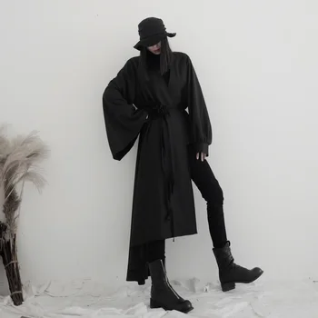 

Women Black symmetrical Big Size Trench New Lapel Long Sleeve Loose Fit Windbreaker Fashion utumn Winter 2019 19-a556