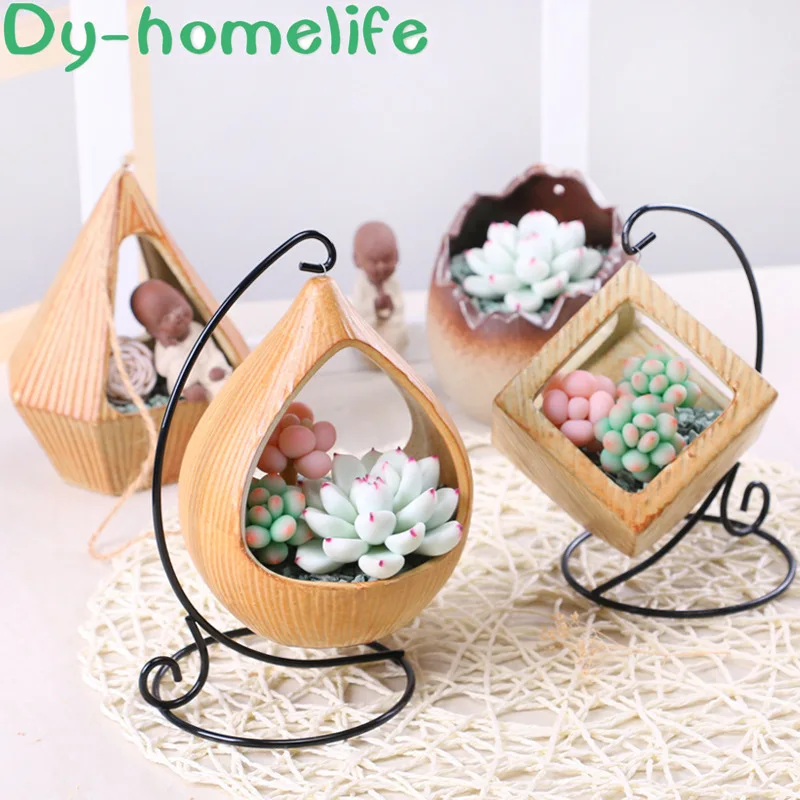 

European Style Iron Basket Micro Landscape Ceramic Flower Pot Hook Desktop Home Decoration Succulent Plant Hanging Orchid Pot