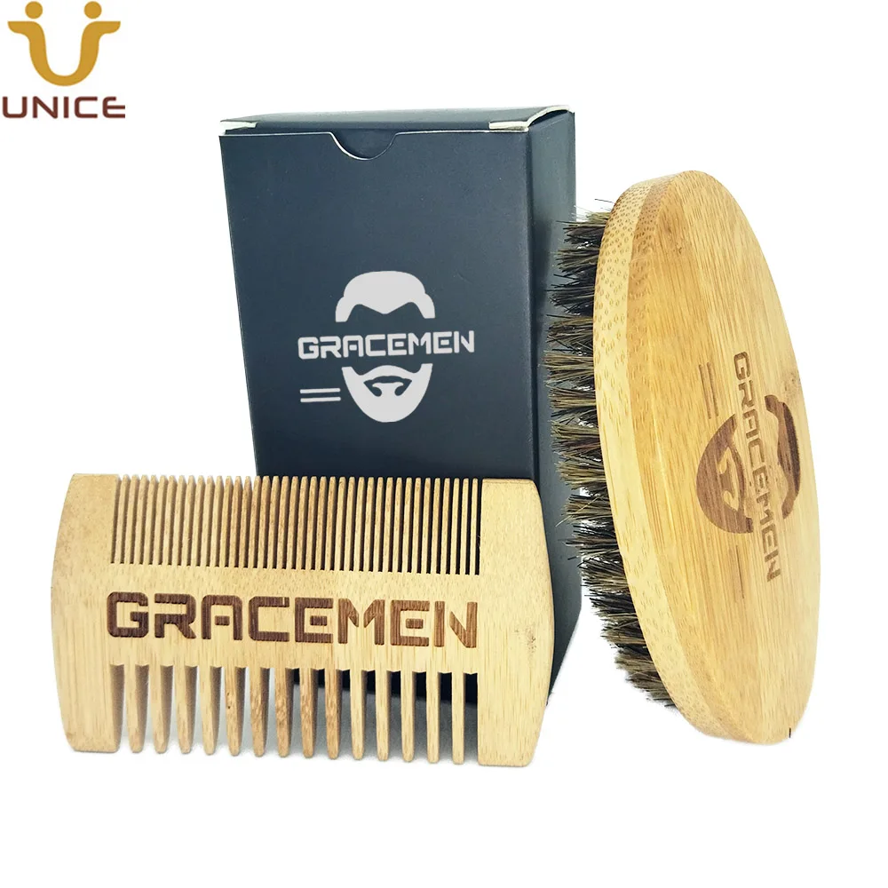 MOQ 100 Set Personalized LOGO Men Beard Care Kit for Face / Head Hair Mustache Bamboo Brush and Comb Sets With Custom Black Box