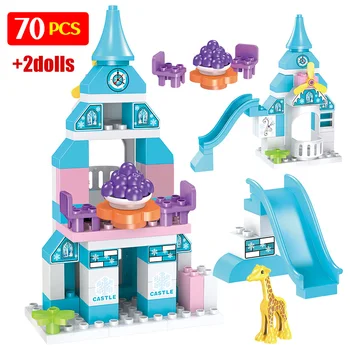 

70PCS DIY Elsa Ice Castle Building Blocks City Friends Snow Castle Princess House Compatible Duploed Big Bricks Toys for Girls