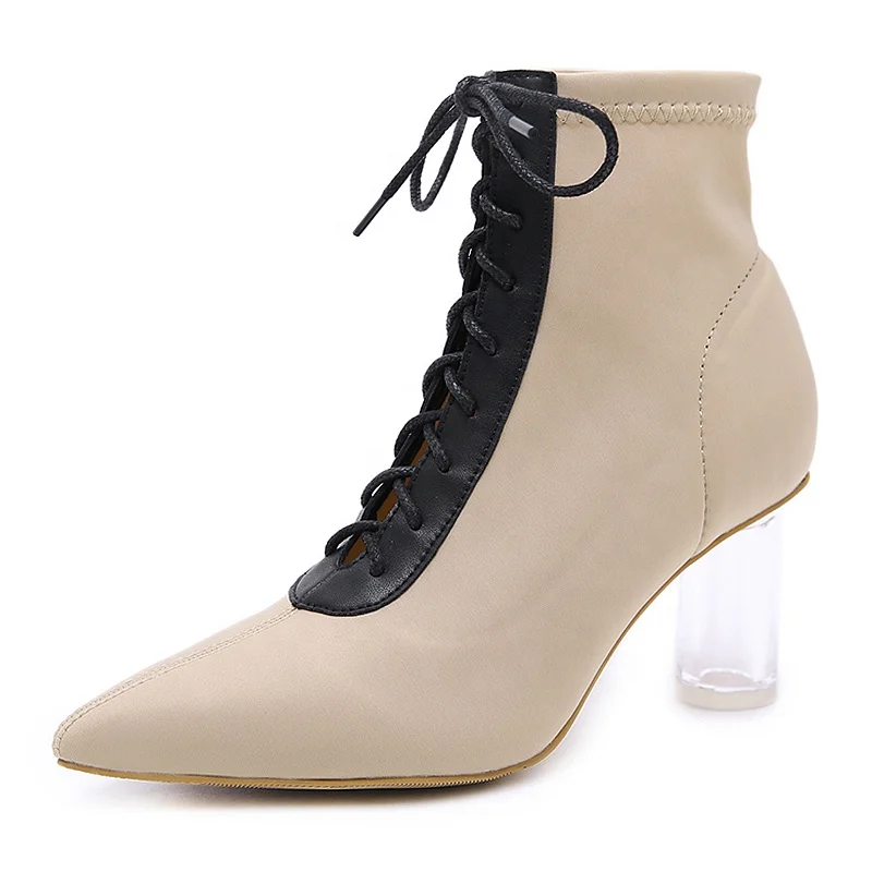 

Snow Boots 2018 Pointed Color Matching Lace Elastic Lycra Fabric Ankle Boots Short Barrel Transparent Thick-heeled Women's Shoes
