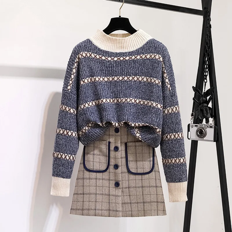 Autumn Winter Jumper +Plaid Skirt 2pcs Sets Knitted Long Sleeved Pullover Sweater + Mini two piece S-XL |