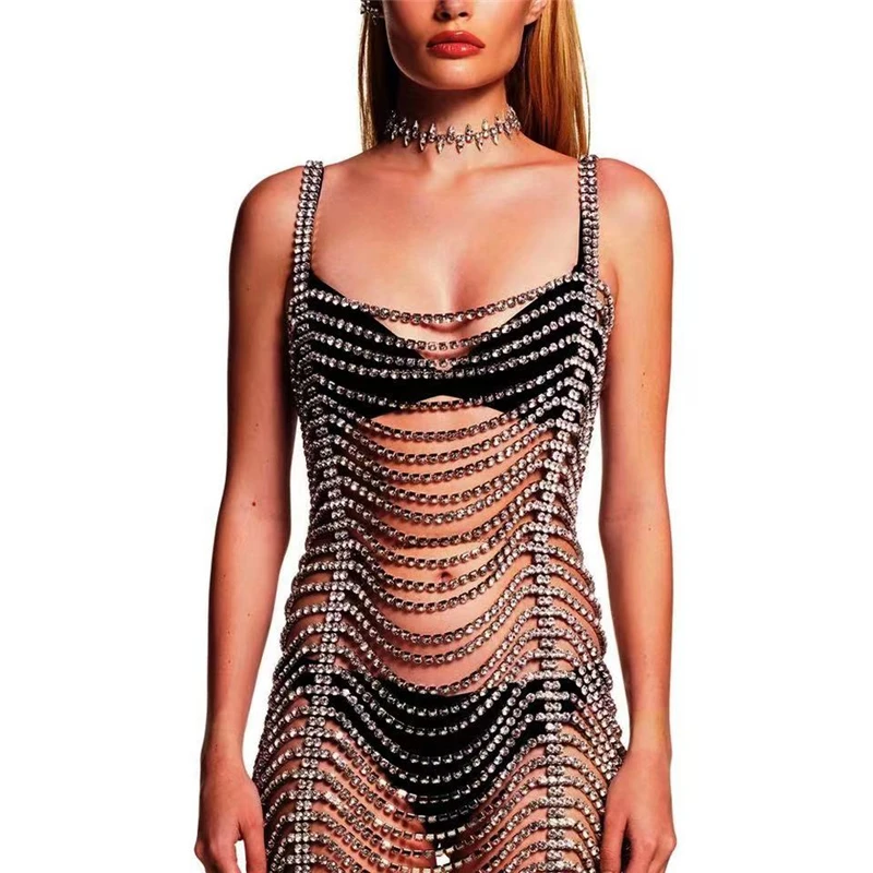 

New Sexy Colorful Rhinestone Bodysuit Dress for Party Women Lingerine Top 2021 Summer Rave Swimsuit Bodies Chain Femme Harness