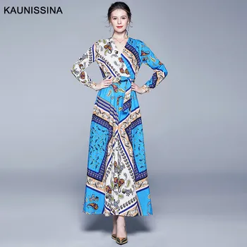 

KAUNISSINA Autumn Party Dress Long Printed Cocktail Dresses Long Sleeve V-Neck Belt Vestidos Elegant Homecoming Formal Gown