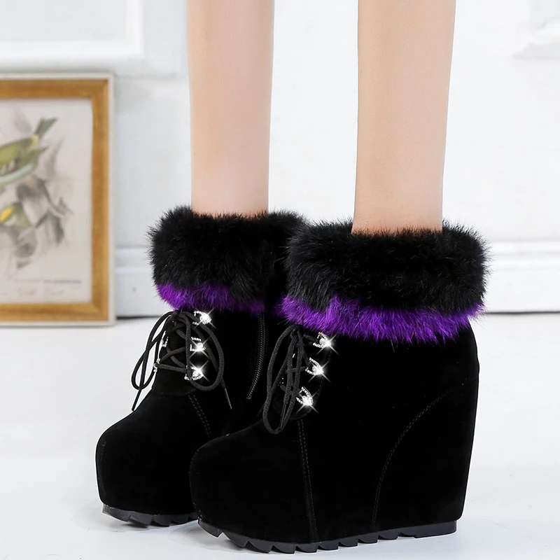 

Rimocy Crystal Lace Up Fluffy Fur Ankle Boots Women Super High Heels Wedges Snow Boots Winter Warm Plush Plaform Shoes Woman