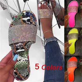 

New Summer Women Crystal Slippers Glitter Flat Soft Bling Female Candy Color Flip Flops Outdoor Ladies Slides Hot Beach Shoes