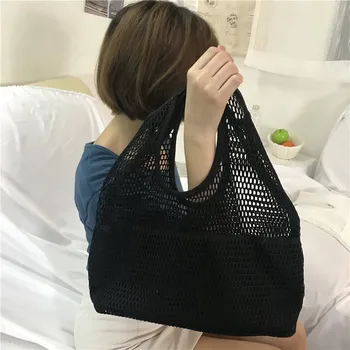 

Free shipping 2020 new wild simple fishing net bag female bag mesh hollow beach bag canvas female bag shopping bag waist bag