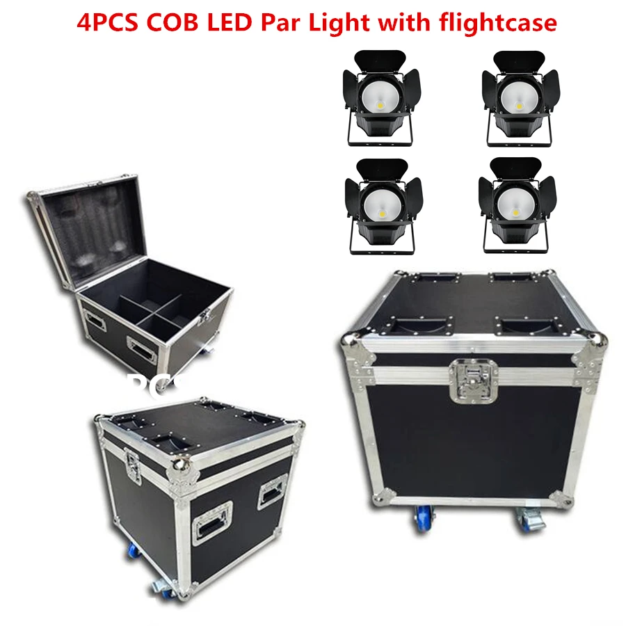

flightcase with 4PCS RGBWA+UV 6in1 300W LED COB Par Light with Barn Doors Aluminium Led Strobe Effect Stage Lighting dj light