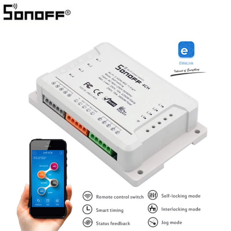 Sonoff 4CH 4 Channel Din Rail Mounting WiFI Switch for DIY smart home,Remotely Control Four Home Appliances independently,Compatible with Alexa 