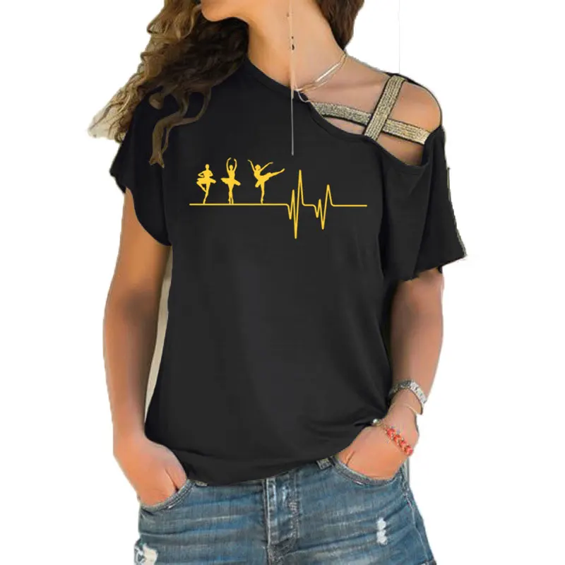 

New Summer Love Ballet T Shirts Cotton Short Sleeve Woman Dance T Shirt Top Female Girl T-shirt Irregular Skew Cross Bandage Tee