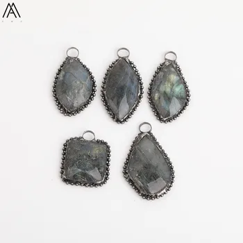 

Plated Gunmetal Edges Square Shape Labradorites Necklace Pendant,Gun Black Clasp Raw Stone Bead Jewelry DIY Random YT-145AMAE