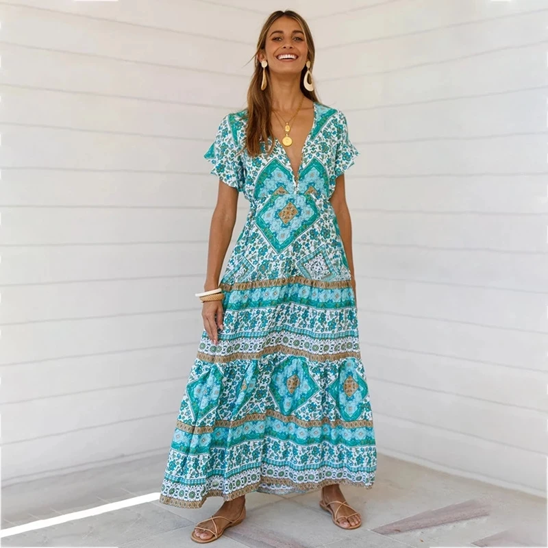 Damas verano bohemio Vestido largo con estampado de flores mujeres de cintura alta de manga corta de mariposa V cuello elegante vestido largo hasta el tobillo 2021